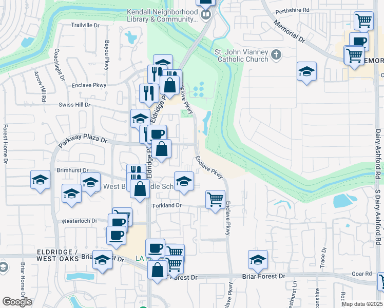map of restaurants, bars, coffee shops, grocery stores, and more near 1254 Enclave Pkwy in Houston