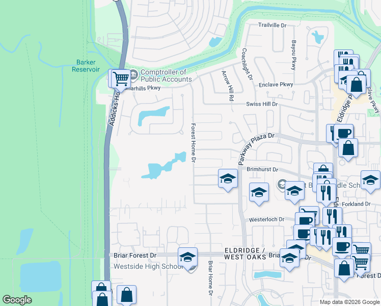 map of restaurants, bars, coffee shops, grocery stores, and more near 1406 Forest Home Drive in Houston
