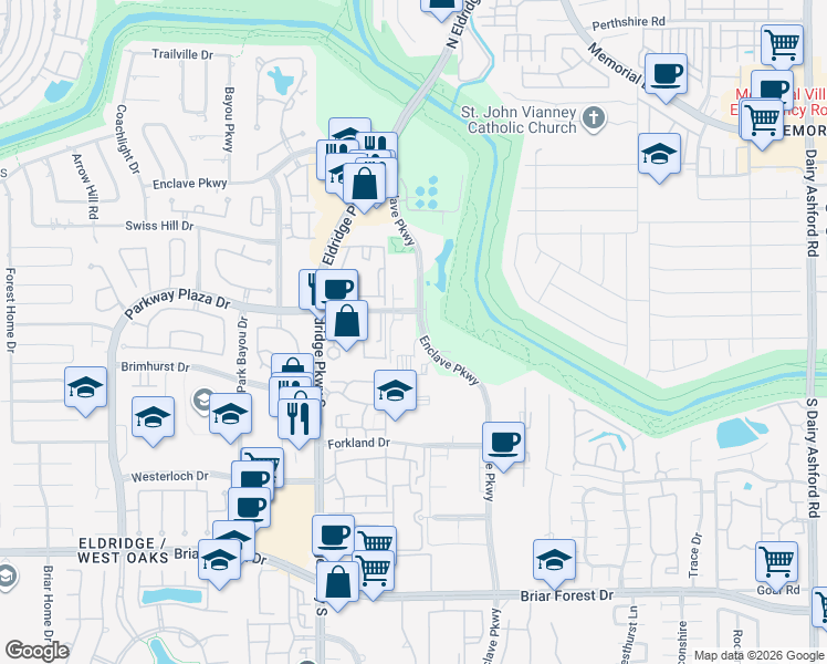 map of restaurants, bars, coffee shops, grocery stores, and more near 1254 Enclave Parkway in Houston