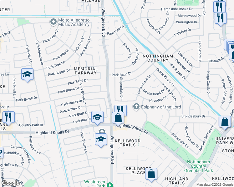 map of restaurants, bars, coffee shops, grocery stores, and more near 1422 Stependale Drive in Katy