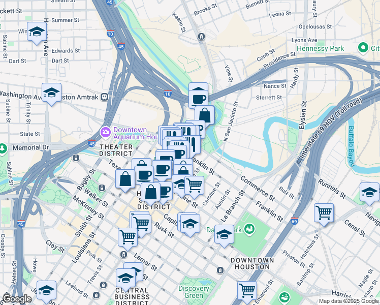 map of restaurants, bars, coffee shops, grocery stores, and more near 903 Main street in Houston