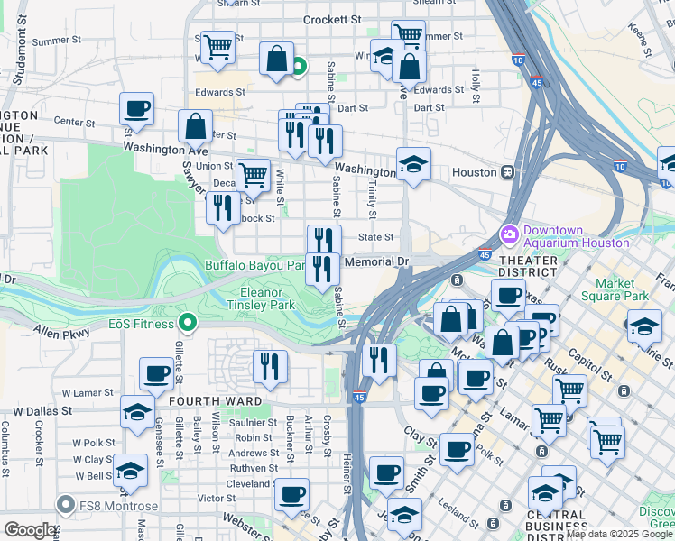 map of restaurants, bars, coffee shops, grocery stores, and more near 105 Sabine Street in Houston