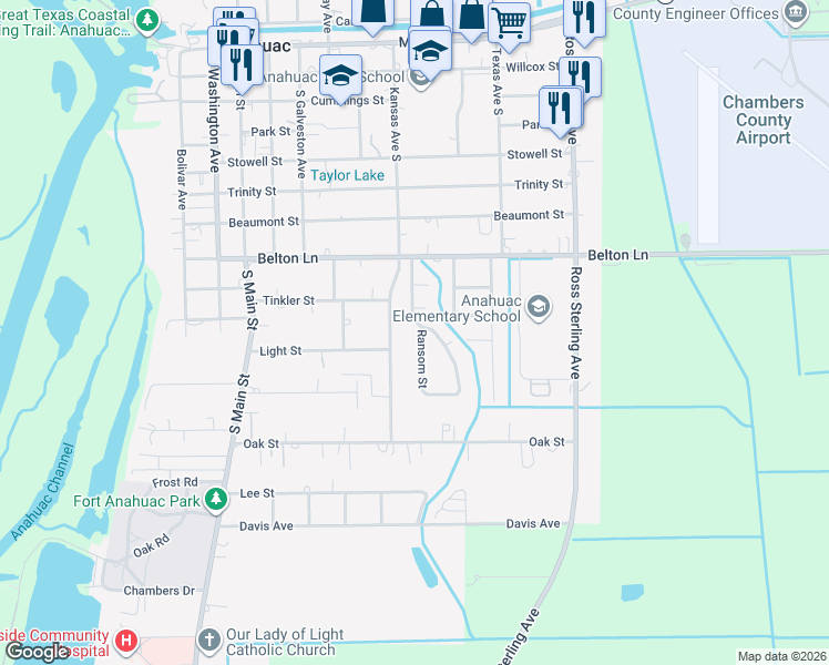 map of restaurants, bars, coffee shops, grocery stores, and more near 1003 South Kansas Avenue in Anahuac