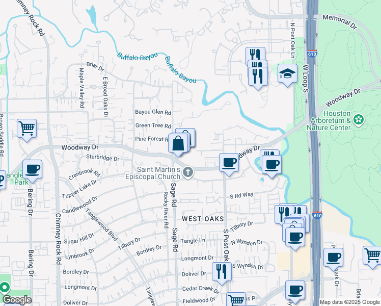 map of restaurants, bars, coffee shops, grocery stores, and more near 5120 Woodway Drive in Houston