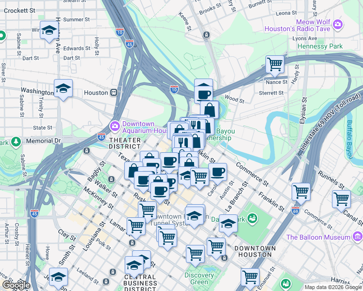 map of restaurants, bars, coffee shops, grocery stores, and more near 903 Main street in Houston