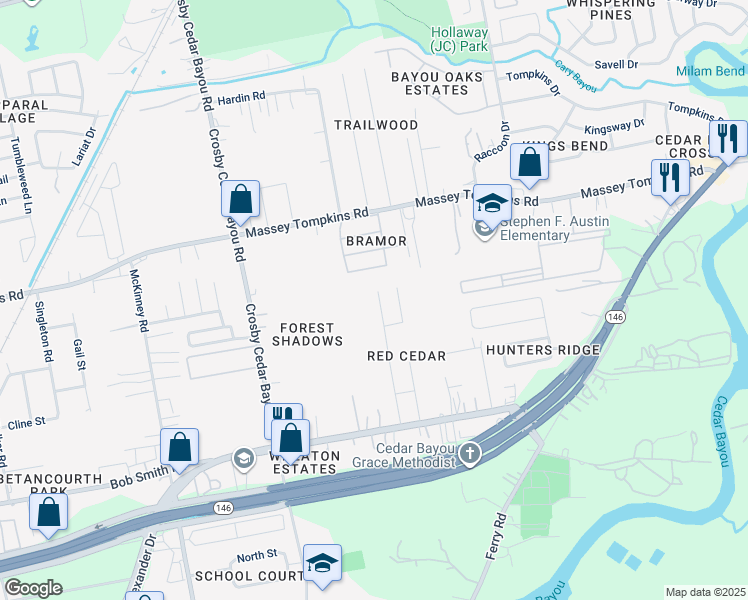 map of restaurants, bars, coffee shops, grocery stores, and more near 3527 Red Cedar Drive in Baytown