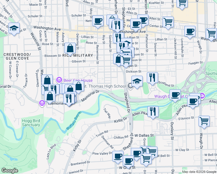 map of restaurants, bars, coffee shops, grocery stores, and more near 5004 Memorial Drive in Houston