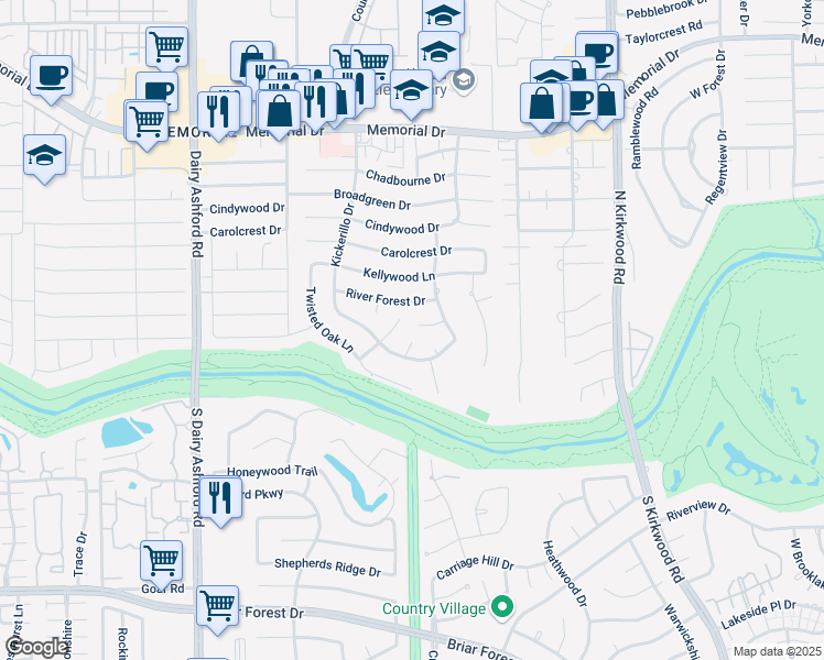map of restaurants, bars, coffee shops, grocery stores, and more near 418 Kickerillo Court in Houston
