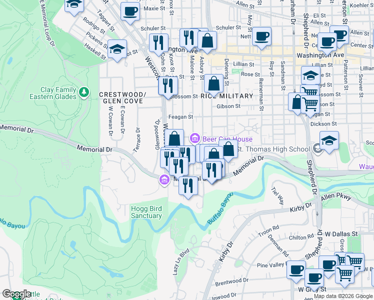 map of restaurants, bars, coffee shops, grocery stores, and more near 5714 Venice Street in Houston