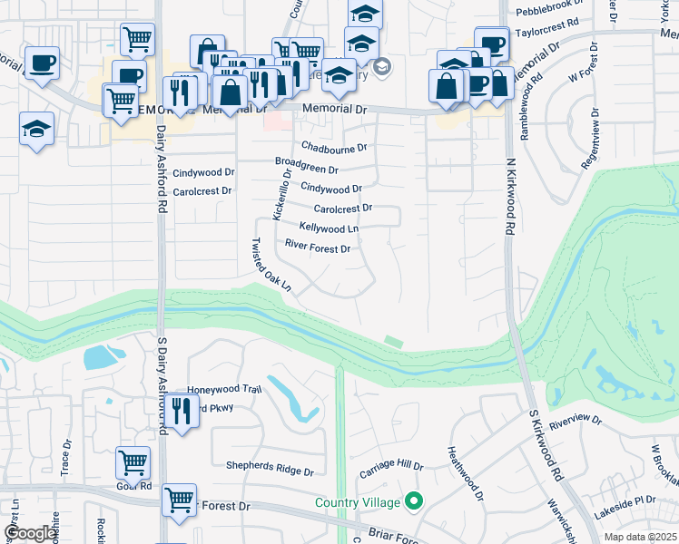 map of restaurants, bars, coffee shops, grocery stores, and more near 418 Kickerillo Court in Houston