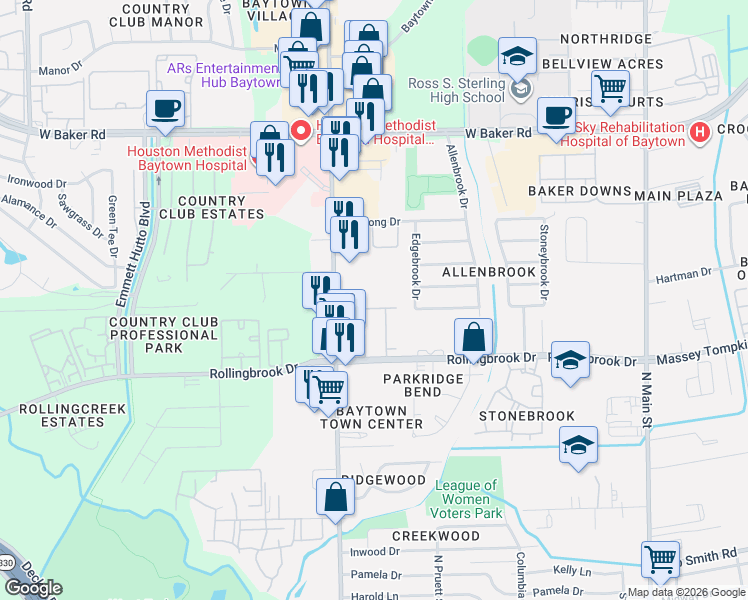 map of restaurants, bars, coffee shops, grocery stores, and more near 3702 Garth Road in Baytown
