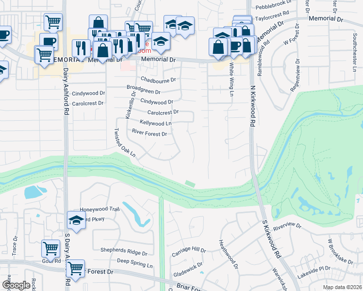 map of restaurants, bars, coffee shops, grocery stores, and more near 406 Clear Spring Drive in Houston