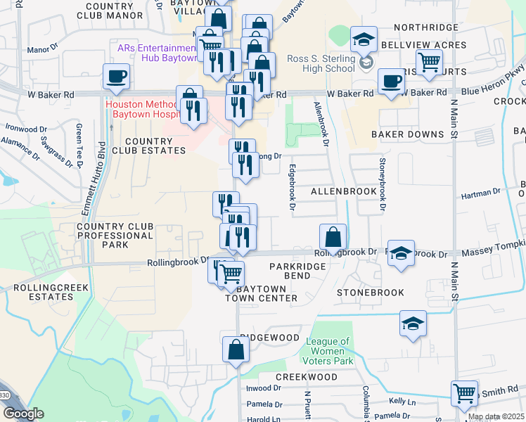 map of restaurants, bars, coffee shops, grocery stores, and more near 3702 Garth Road in Baytown