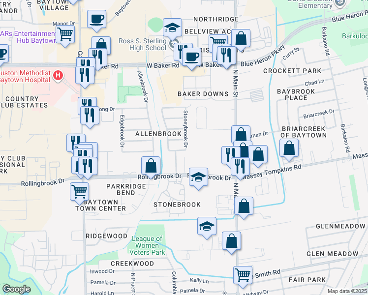 map of restaurants, bars, coffee shops, grocery stores, and more near 600 Pinebrook Lane in Baytown