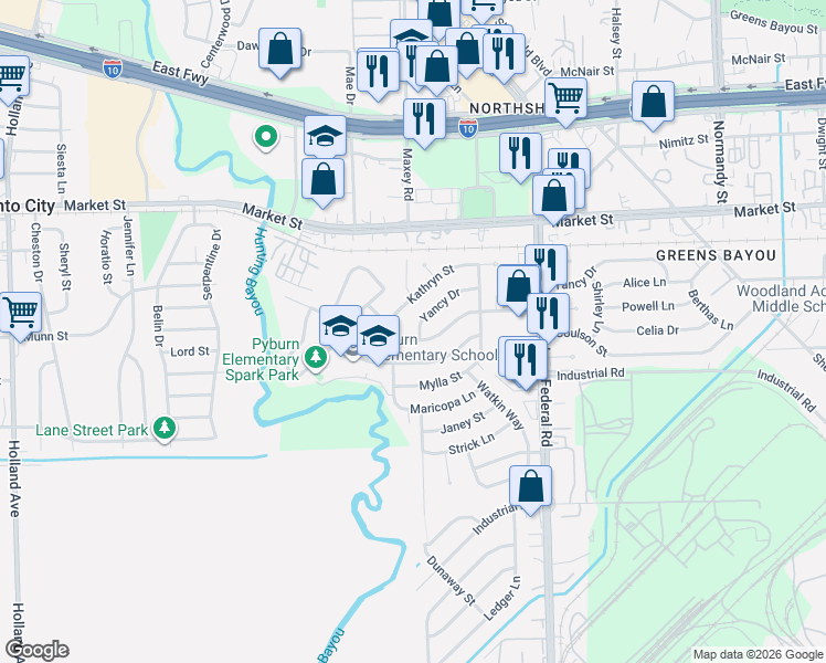 map of restaurants, bars, coffee shops, grocery stores, and more near 12348 Dorwayne Court in Houston