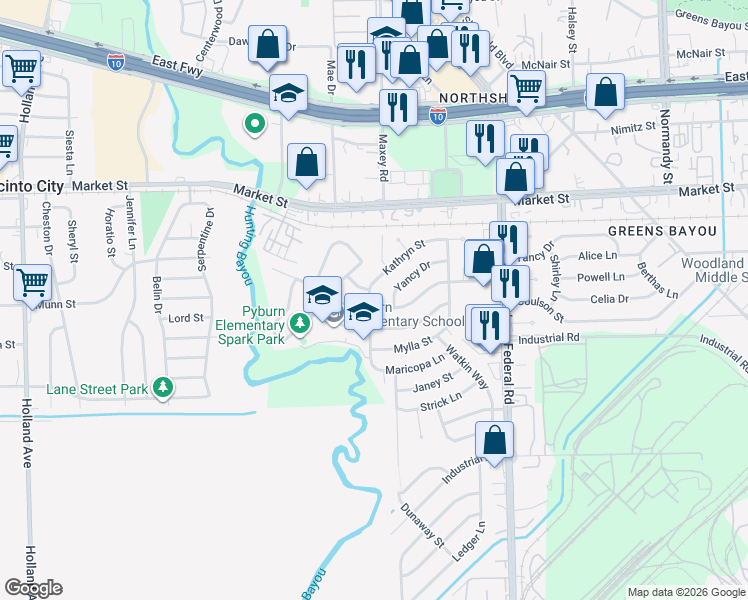 map of restaurants, bars, coffee shops, grocery stores, and more near 12348 Dorwayne Court in Houston