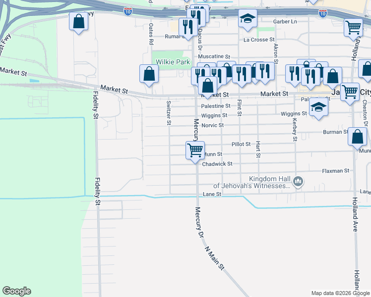 map of restaurants, bars, coffee shops, grocery stores, and more near 10225 Munn Street in Houston