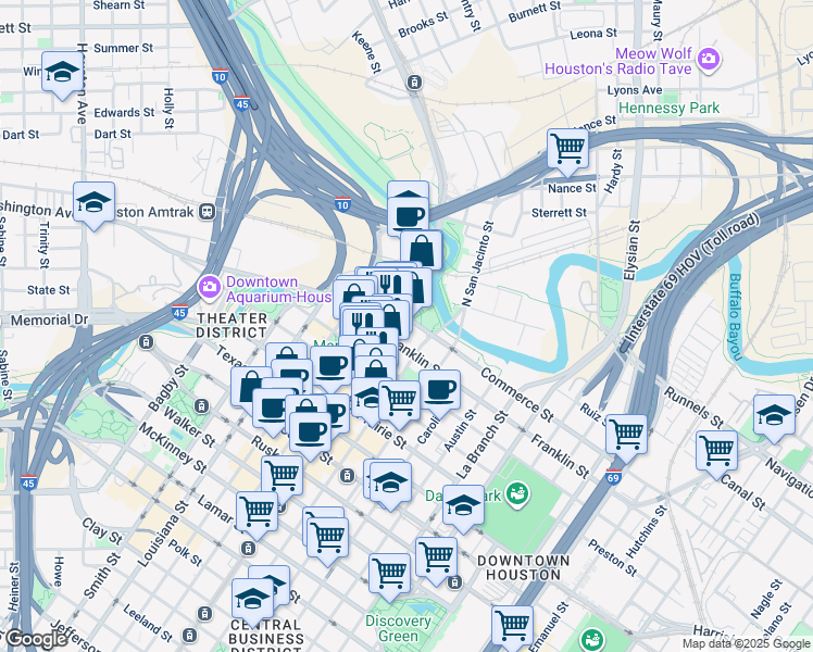 map of restaurants, bars, coffee shops, grocery stores, and more near 123 South Main Street in Houston