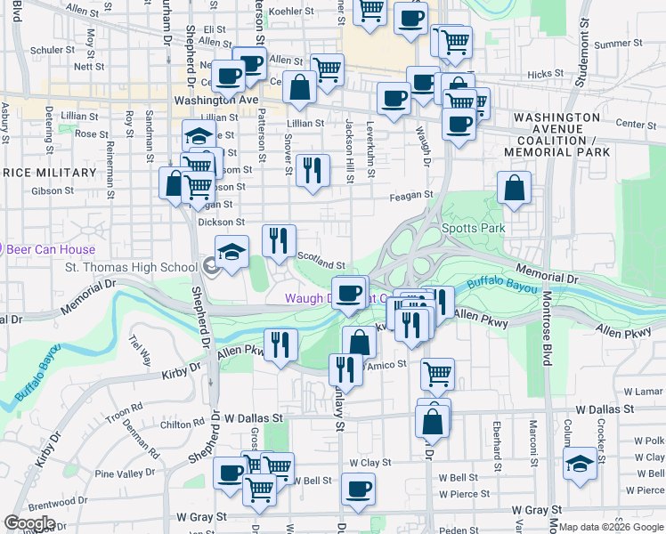 map of restaurants, bars, coffee shops, grocery stores, and more near 4100 Memorial Drive in Houston