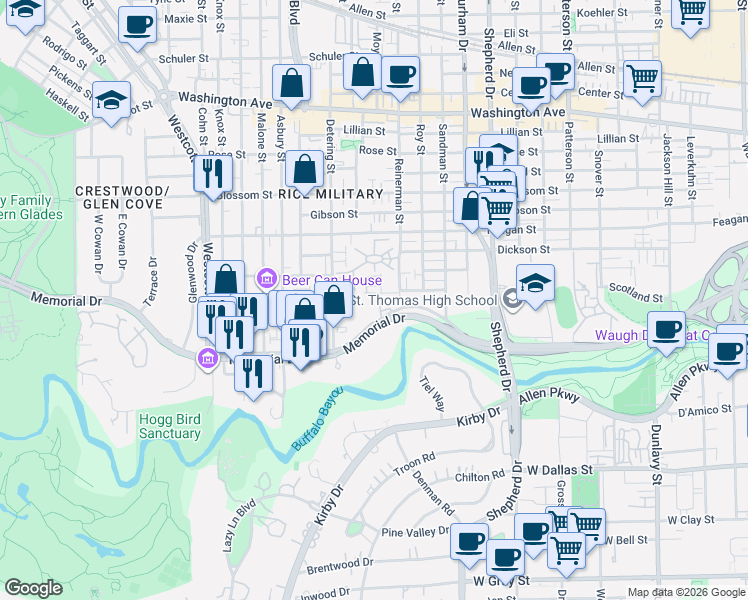 map of restaurants, bars, coffee shops, grocery stores, and more near 100 Detering Street in Houston