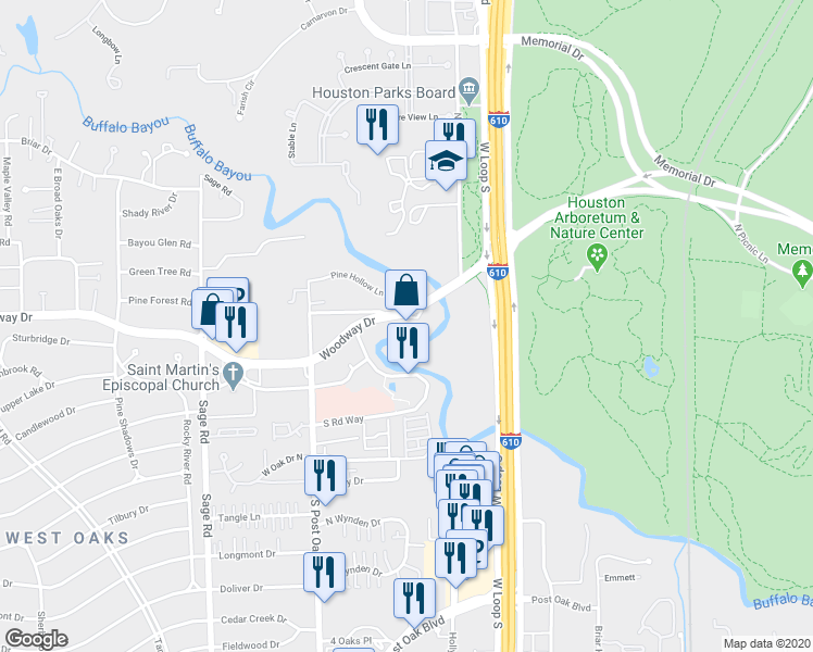 map of restaurants, bars, coffee shops, grocery stores, and more near 4801 Woodway Drive in Houston