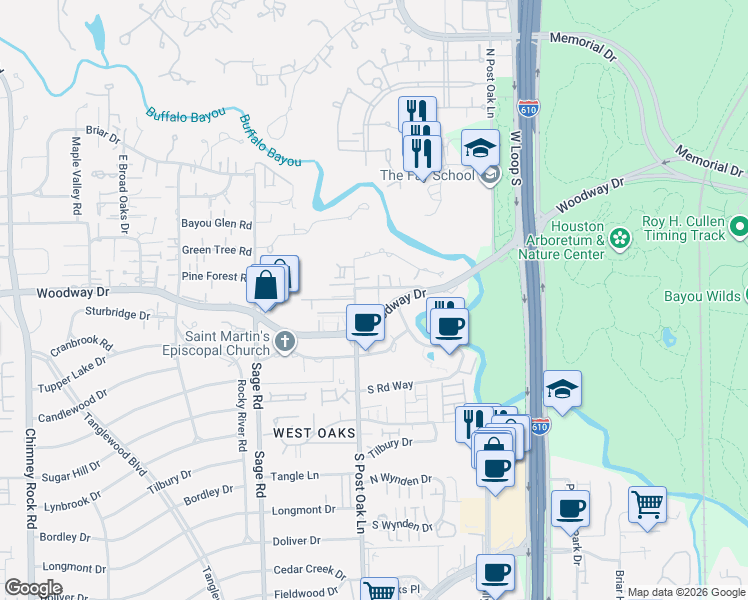 map of restaurants, bars, coffee shops, grocery stores, and more near 29 South Post Oak Lane in Houston
