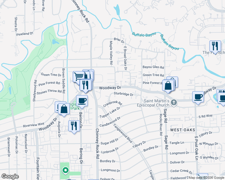 map of restaurants, bars, coffee shops, grocery stores, and more near 5517 Sturbridge Drive in Houston