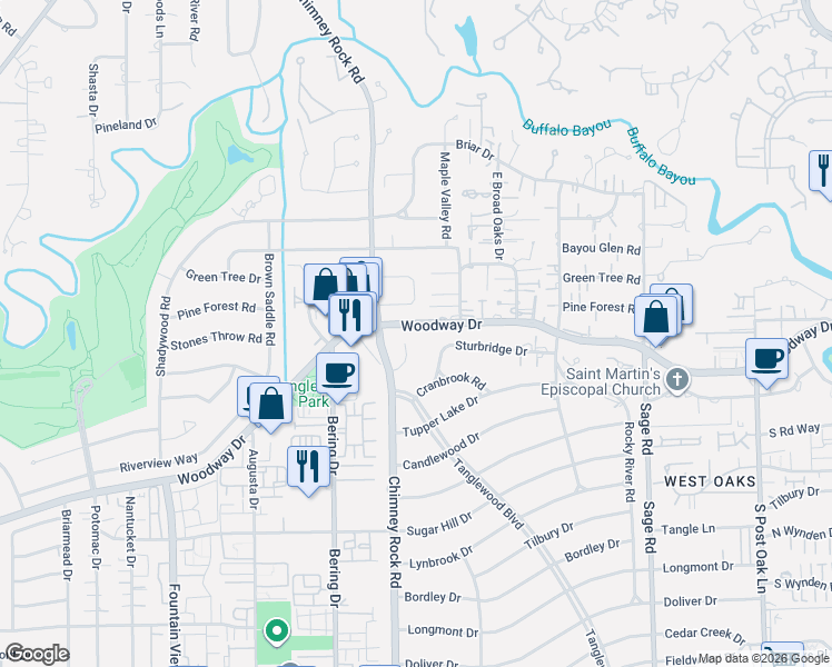 map of restaurants, bars, coffee shops, grocery stores, and more near 5513 Russett Drive in Houston