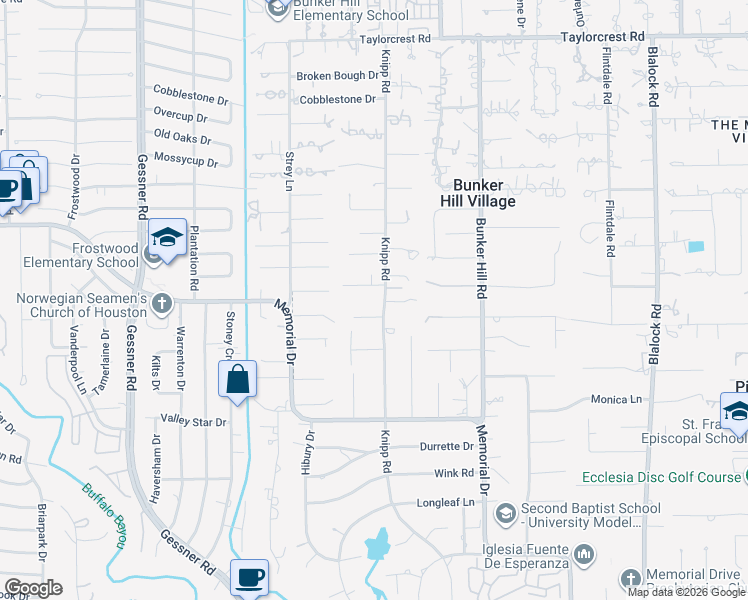 map of restaurants, bars, coffee shops, grocery stores, and more near 11906 Stoney Ridge Lane in Houston