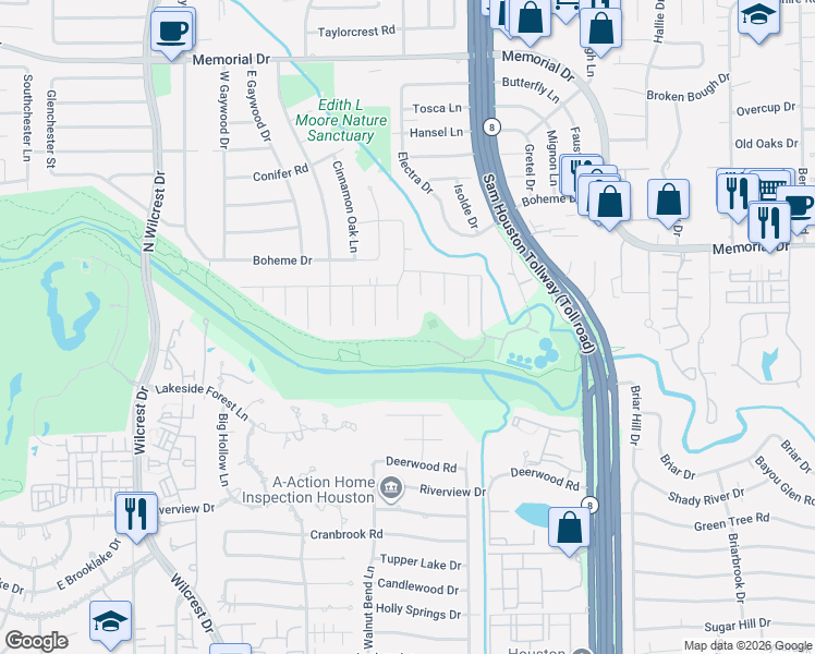 map of restaurants, bars, coffee shops, grocery stores, and more near 12901 Hermitage Lane in Houston
