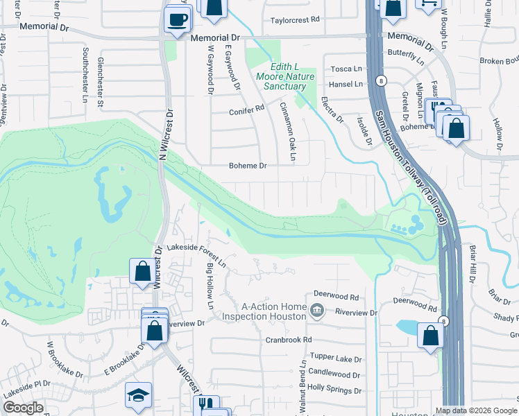 map of restaurants, bars, coffee shops, grocery stores, and more near 102 Sibelius Lane in Houston