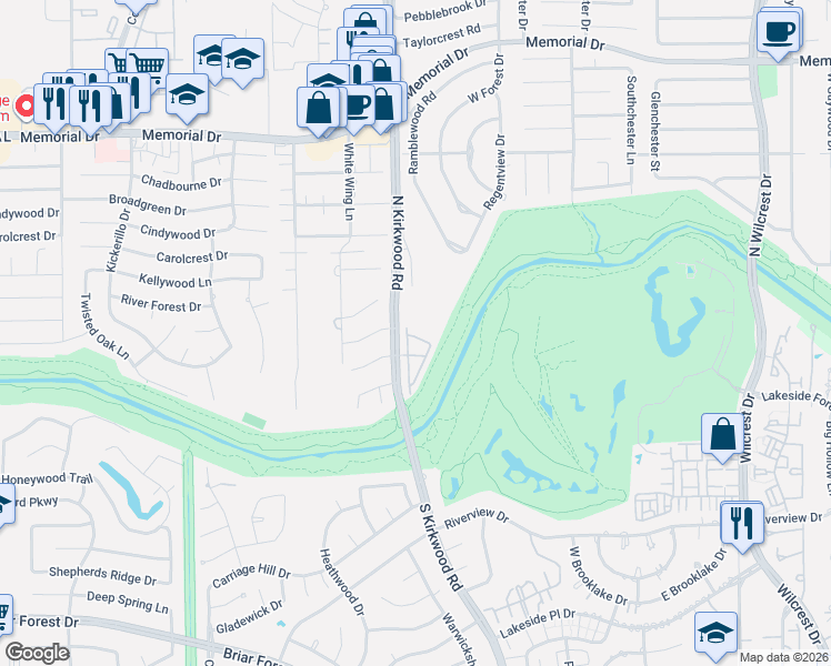 map of restaurants, bars, coffee shops, grocery stores, and more near 420 North Kirkwood Road in Houston