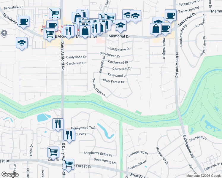 map of restaurants, bars, coffee shops, grocery stores, and more near 14330 Heatherfield Drive in Houston