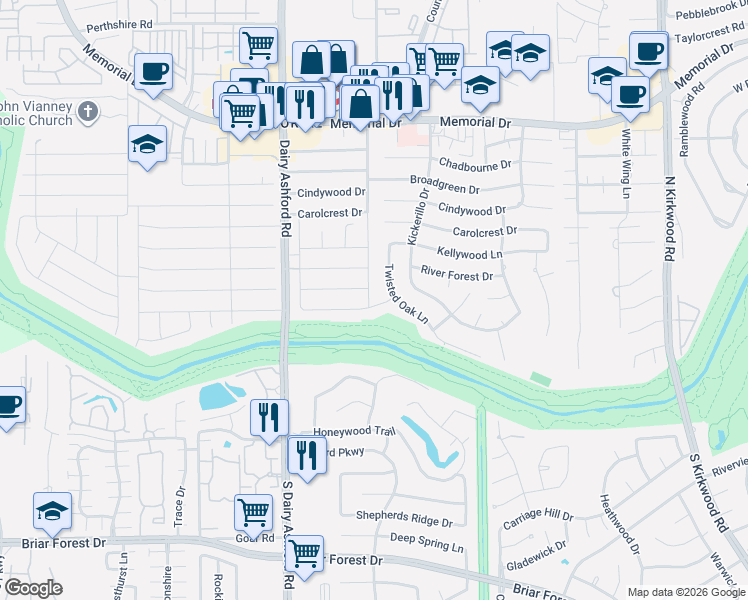 map of restaurants, bars, coffee shops, grocery stores, and more near 14431 Bramblewood Drive in Houston