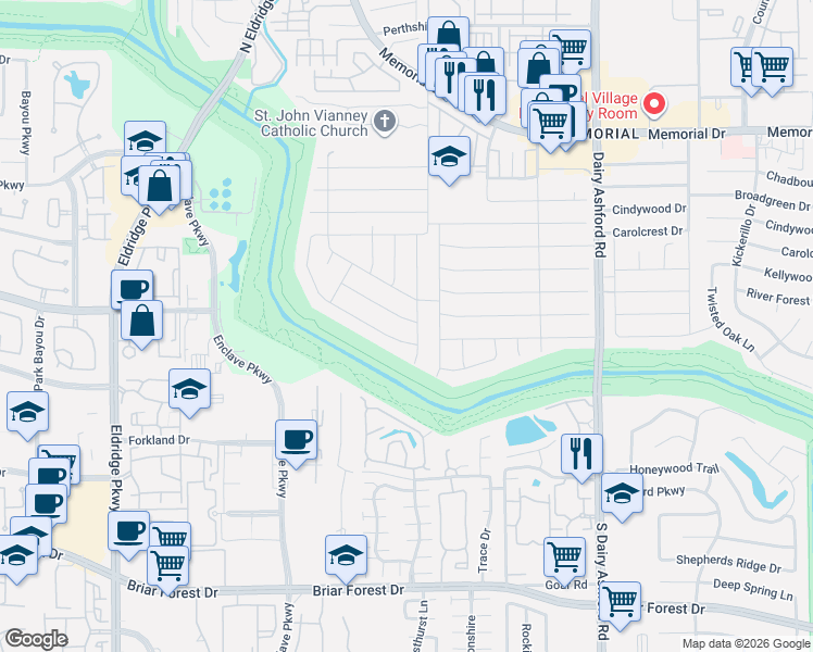 map of restaurants, bars, coffee shops, grocery stores, and more near 14819 Bramblewood Drive in Houston