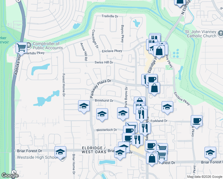 map of restaurants, bars, coffee shops, grocery stores, and more near 13811 Senca Park Drive in Houston