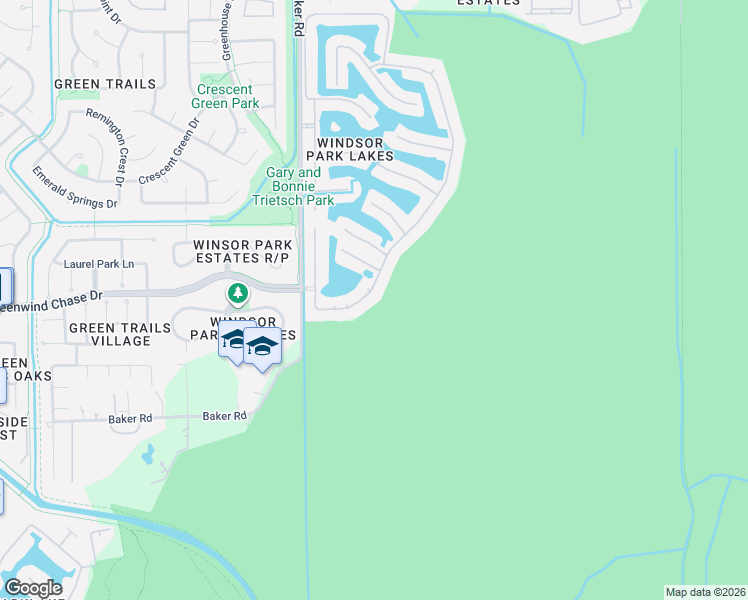 map of restaurants, bars, coffee shops, grocery stores, and more near 18931 Windsor Lakes Drive in Houston