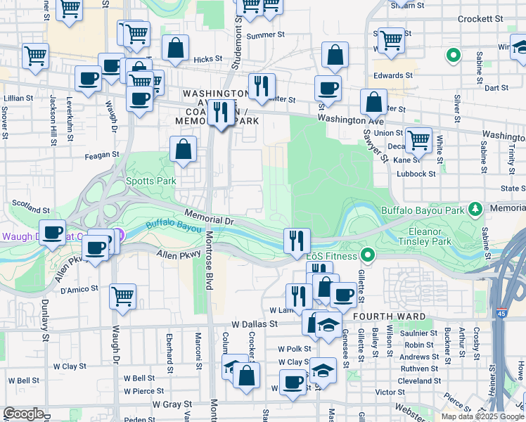 map of restaurants, bars, coffee shops, grocery stores, and more near 3003 Memorial Court in Houston