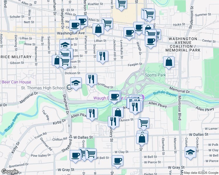 map of restaurants, bars, coffee shops, grocery stores, and more near 4100 Memorial Drive in Houston