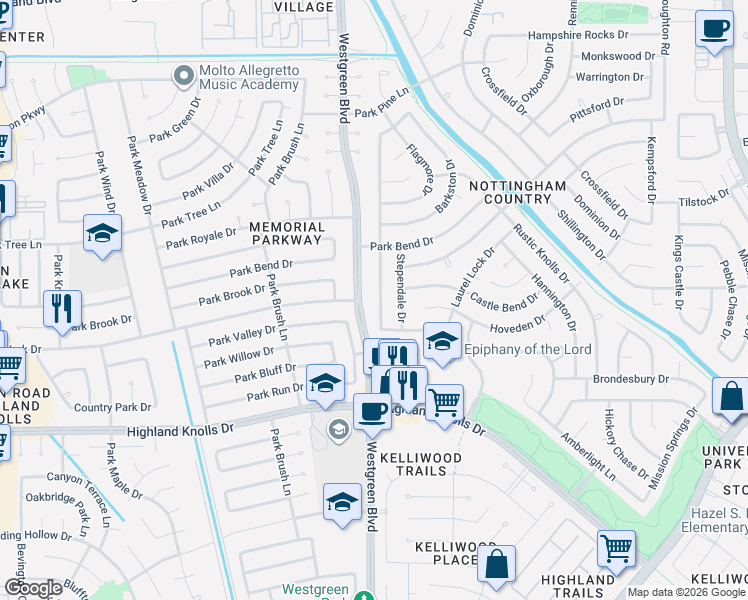 map of restaurants, bars, coffee shops, grocery stores, and more near 1410 Sherfield Ridge Drive in Katy