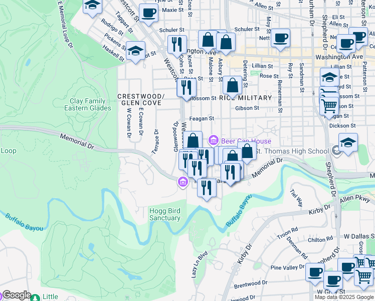 map of restaurants, bars, coffee shops, grocery stores, and more near 200 Westcott Street in Houston