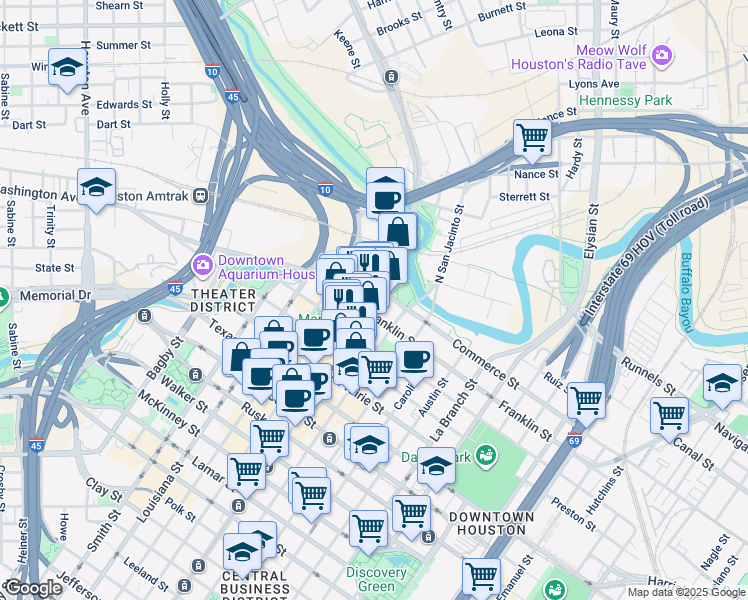 map of restaurants, bars, coffee shops, grocery stores, and more near 1002 Commerce Street in Houston
