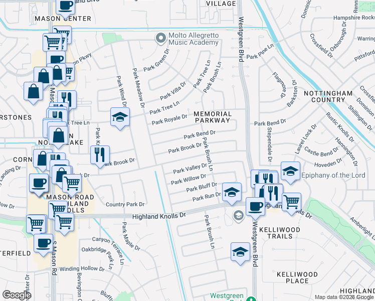 map of restaurants, bars, coffee shops, grocery stores, and more near 21402 Park York Drive in Katy