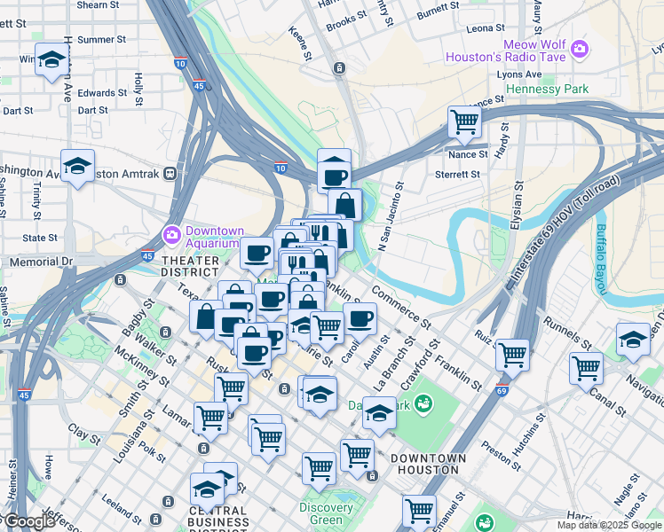 map of restaurants, bars, coffee shops, grocery stores, and more near 123 South Main Street in Houston