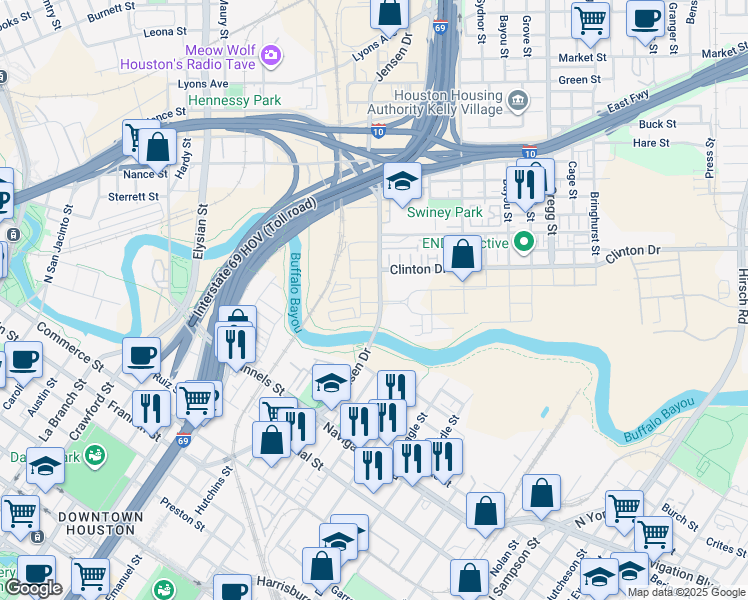 map of restaurants, bars, coffee shops, grocery stores, and more near 20-74 Jensen Drive in Houston