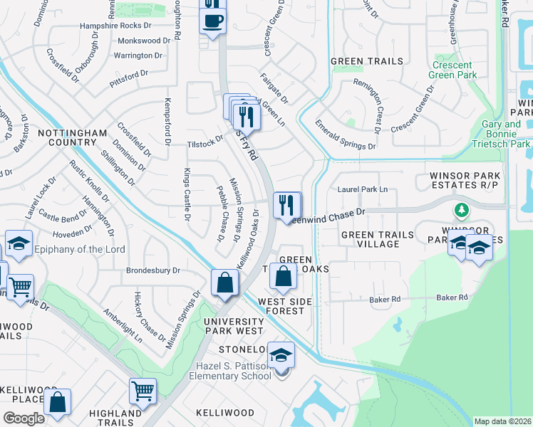 map of restaurants, bars, coffee shops, grocery stores, and more near 1623 Kelliwood Oaks Drive in Katy