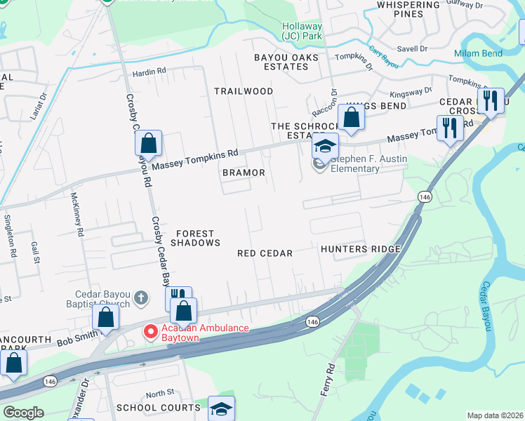 map of restaurants, bars, coffee shops, grocery stores, and more near 3514 Red Cedar Bend in Baytown