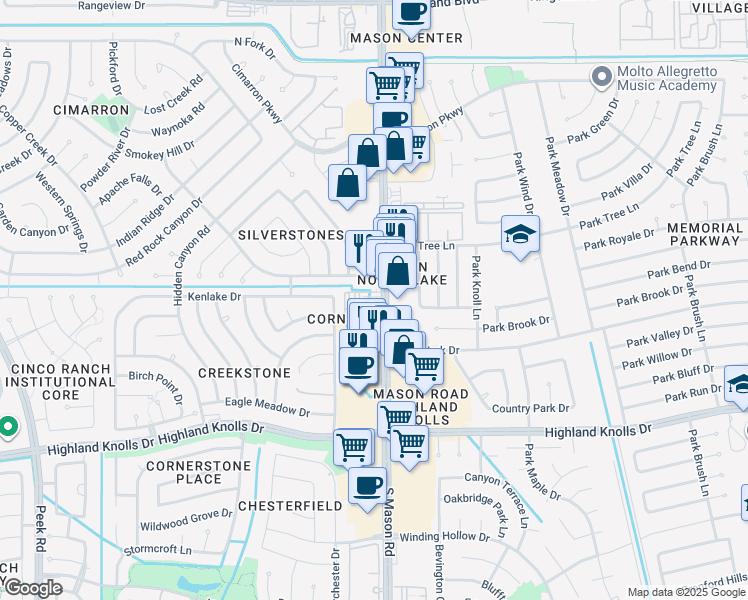 map of restaurants, bars, coffee shops, grocery stores, and more near 1150 South Mason Road in Katy