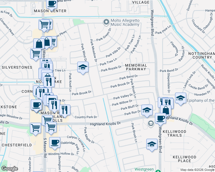 map of restaurants, bars, coffee shops, grocery stores, and more near 21431 Park Brook Drive in Katy