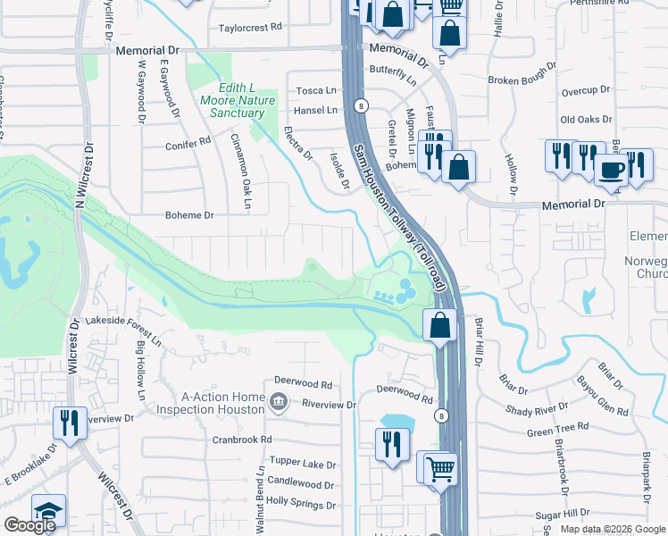 map of restaurants, bars, coffee shops, grocery stores, and more near 102 Electra Drive in Houston